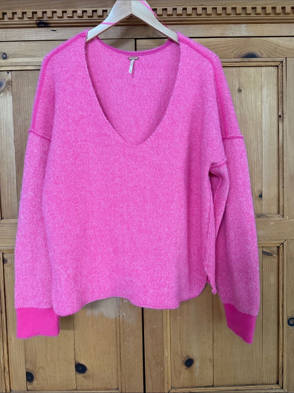 Free People Hot Pink V-Neck over sized Sweater
